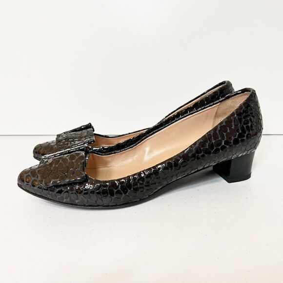 CLEARANCE - Diana Broussard Brown Patent Croc Leather Low Heel Pump - Picture 4 of 9
